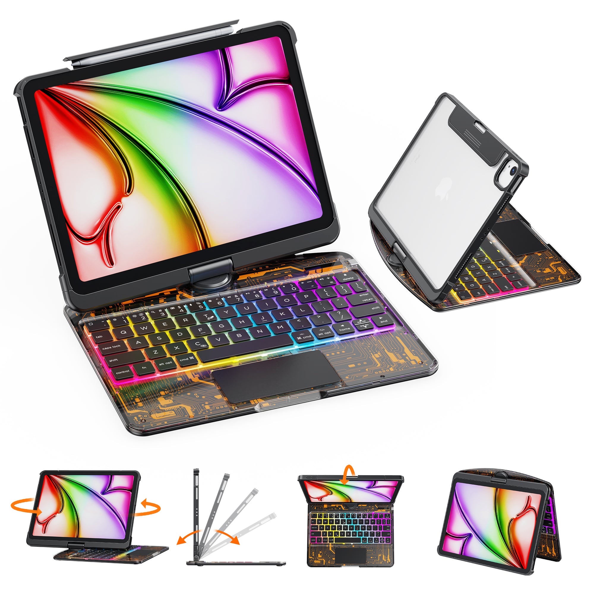 GUSGU Transparent Case with Wireless keyboard for iPad (7th, 8th, and