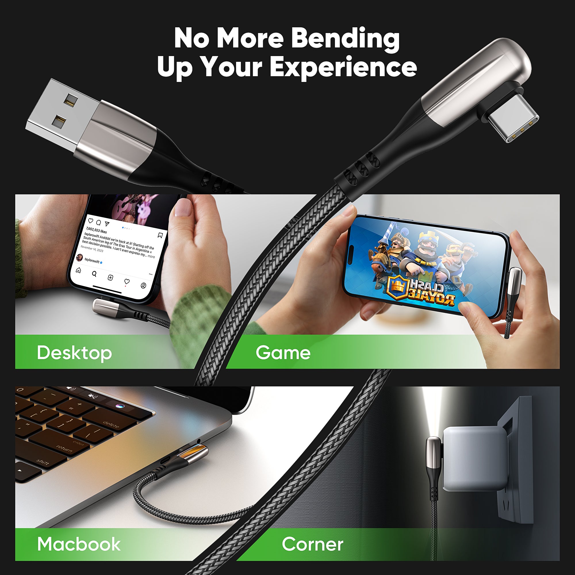 GUSGU USB A to C Charging Cable Right Angle[3-Pack, 6ft] 60W Nylon Braided USB-C Charger Cable